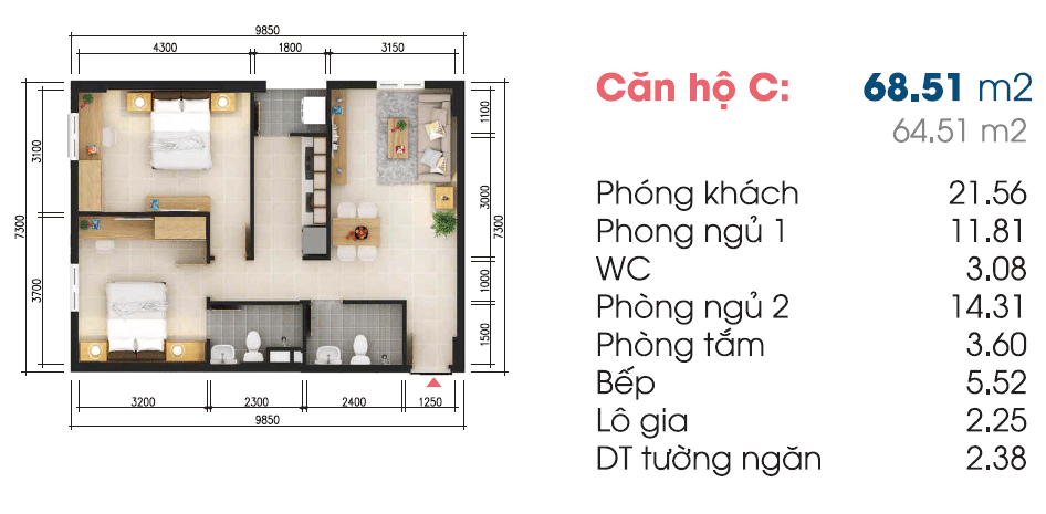 Mặt bằng Căn C (Block 2)