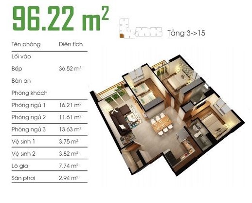 Mặt bằng Căn 3PN loại 2