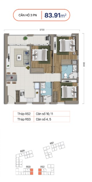 Mặt bằng Căn 3PN loại 4 (Block RS2 khu A)
