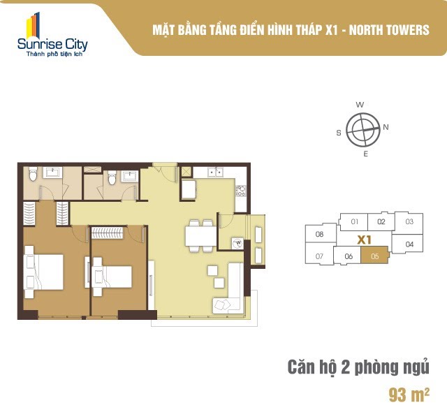 Mặt bằng Căn 2PN loại 3 (North Tower X1)