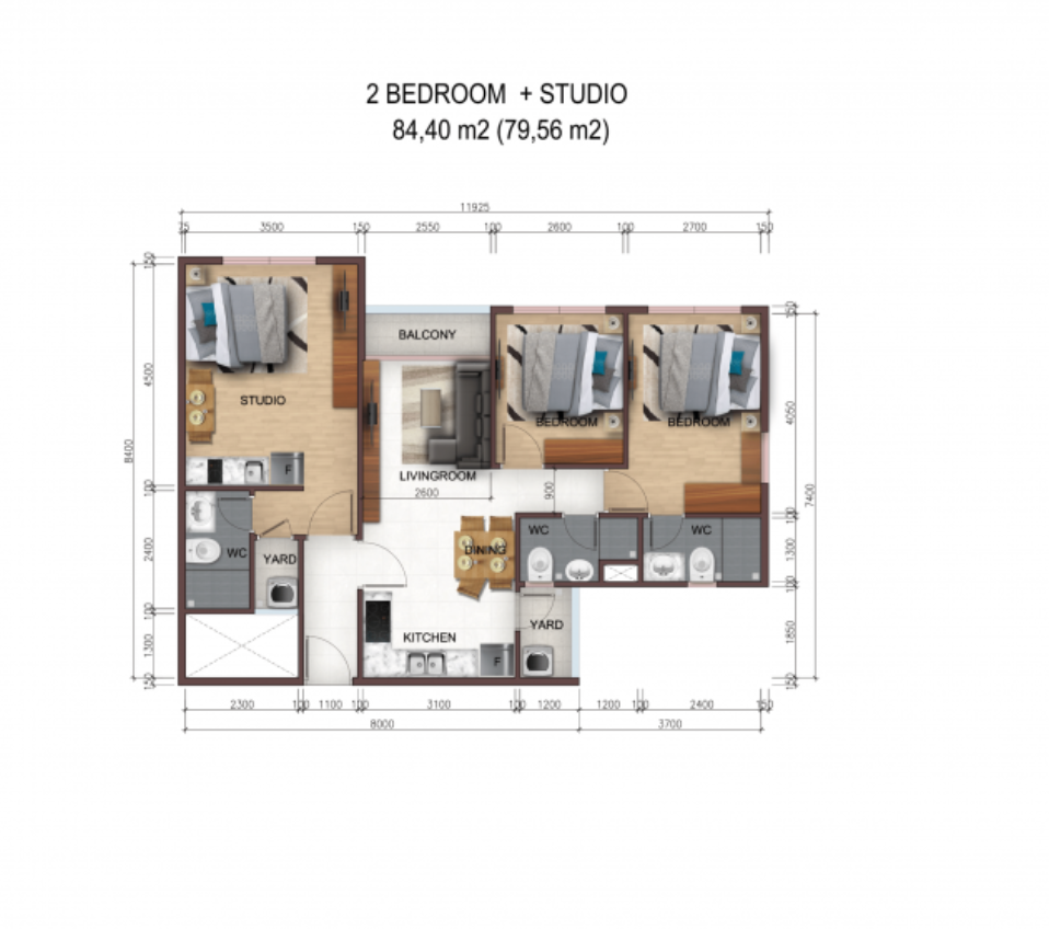 Mặt bằng Căn 2PN + Studio