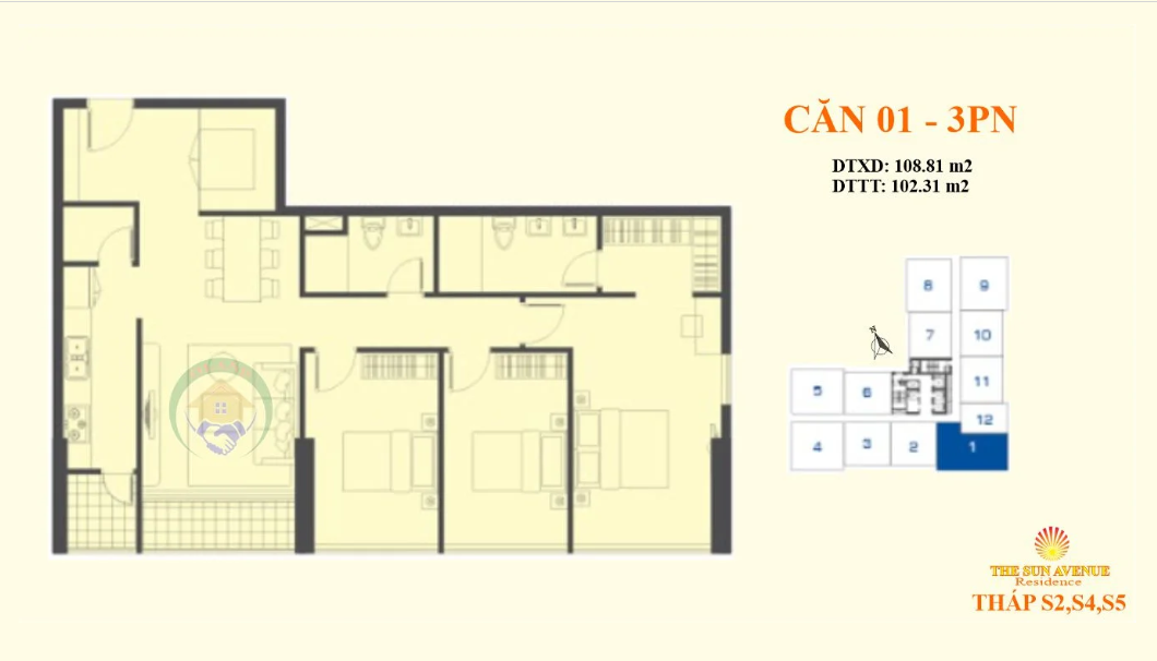 Mặt bằng 3PN A (Block S2,S4&S5)