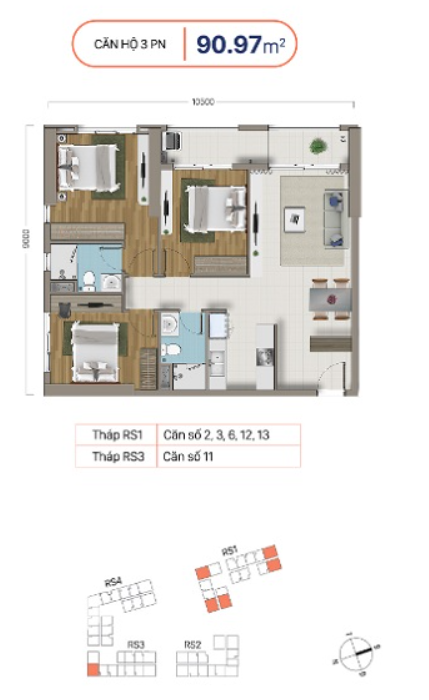 Mặt bằng Căn 3PN loại 5 (Block RS3 khu A)