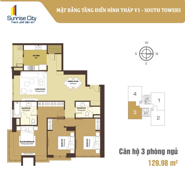 Mặt bằng Căn 3PN loại 3 (South Tower V1)