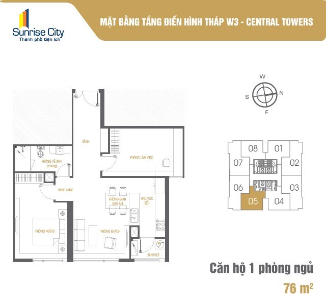 Mặt bằng Căn 1PN loại 3 (Central Tower W3)