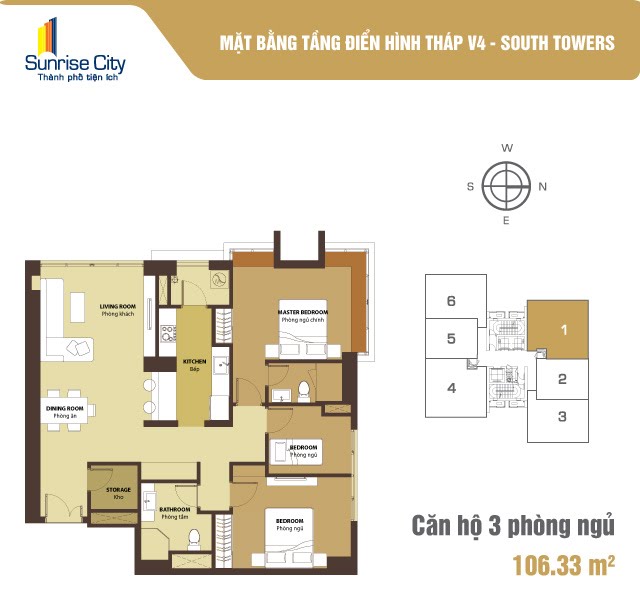 Mặt bằng Căn 3PN loại 1 (South Tower V4)
