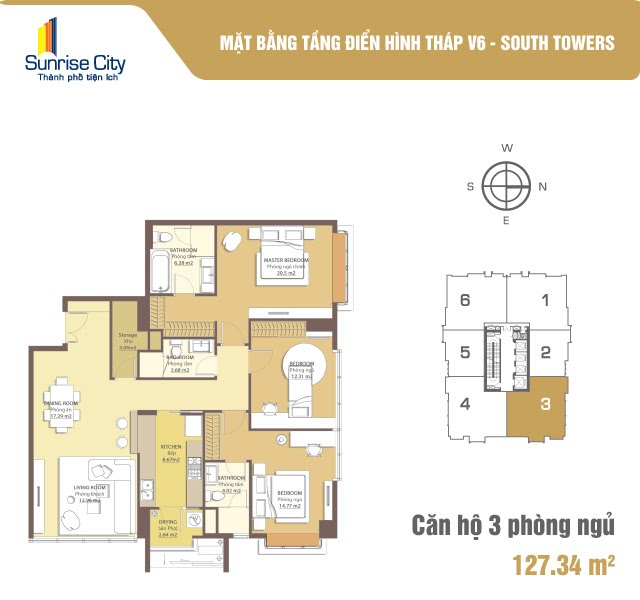 Mặt bằng Căn 3PN loại 2 (South Tower V6)