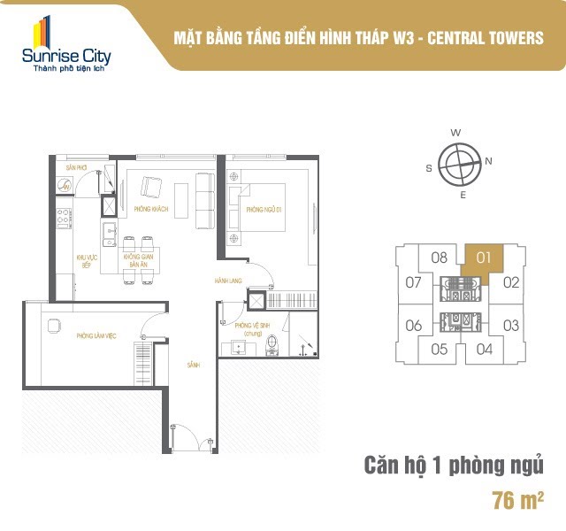Mặt bằng Căn 1PN loại 1 (Central Tower W3)