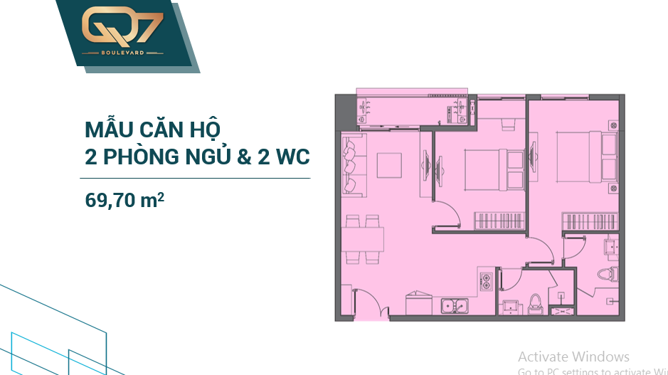 Mặt bằng Căn 2PN - 2WC loại 2