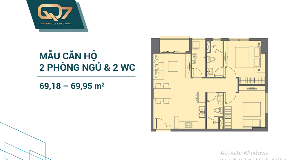 Mặt bằng Căn 2PN - 2WC loại 3