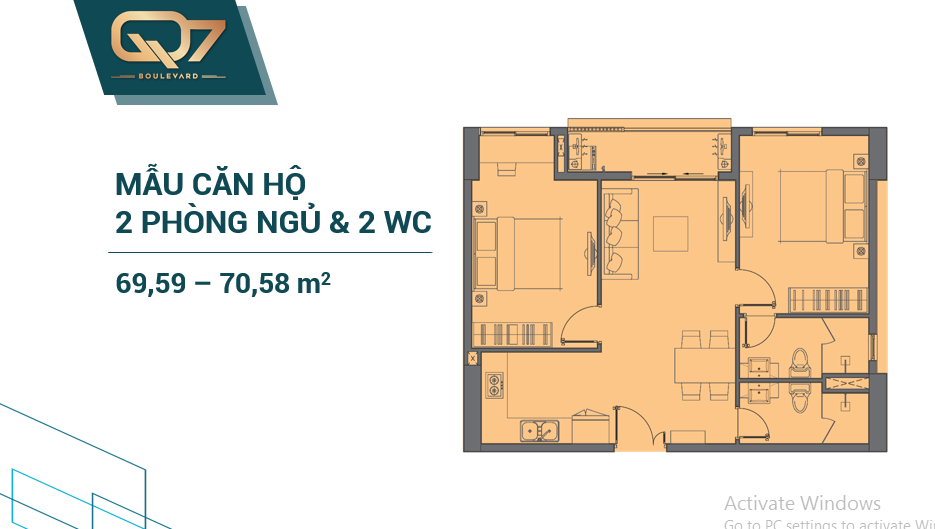 Mặt bằng Căn 2PN - 2WC