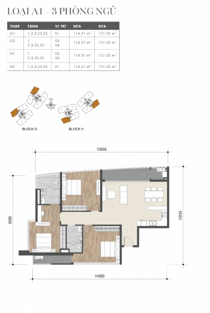 Mặt bằng Căn A1 (Block H)