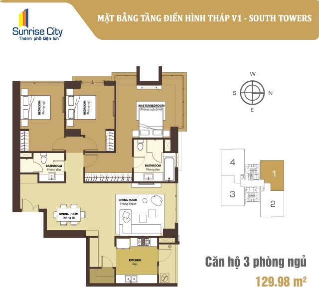 Mặt bằng Căn 3PN loại 1 (South Tower V1)