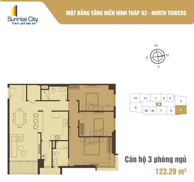 Mặt bằng Căn 3PN loại 2 (North Tower X2)