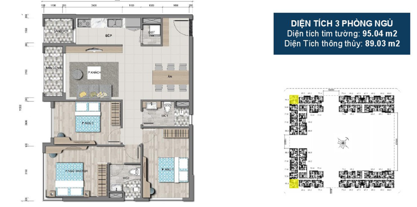 Mặt bằng Căn 3PN loại 2 (Block 3)