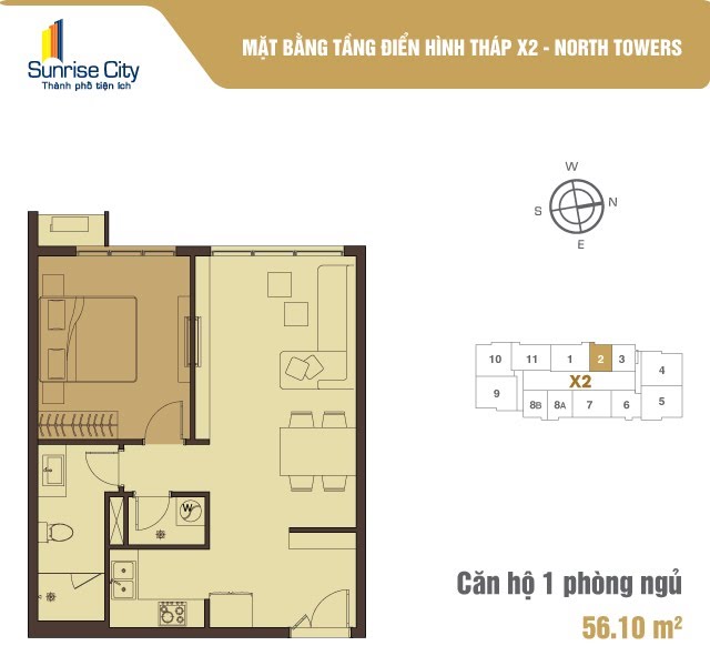 Mặt bằng Căn 1PN loại 1 (North Tower X2)