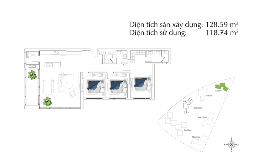 Mặt bằng Căn 3PN loại B (Canary)