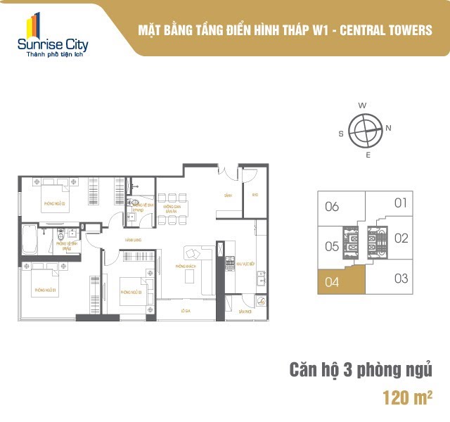 Mặt bằng Căn 3PN loại 3 (Central Tower W1)