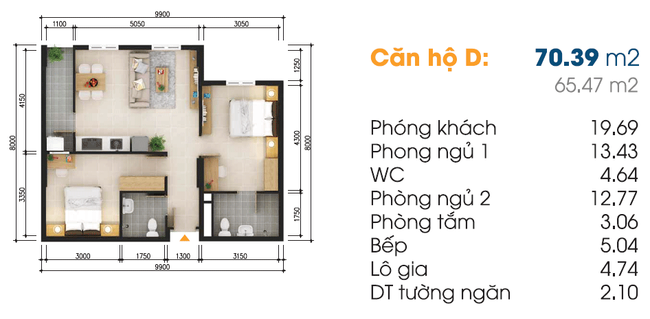 Mặt bằng Căn D (Block 2)