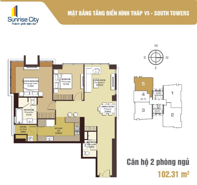 Mặt bằng Căn 2PN loại 2 (South Tower V5)