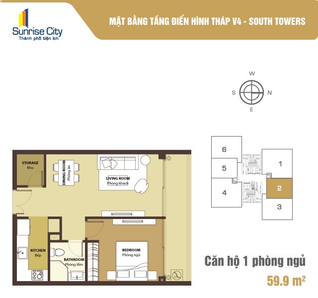 Mặt bằng Căn 1PN loại 1 (South Tower V4)
