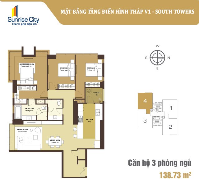 Mặt bằng Căn 3PN loại 4 (South Tower V1)