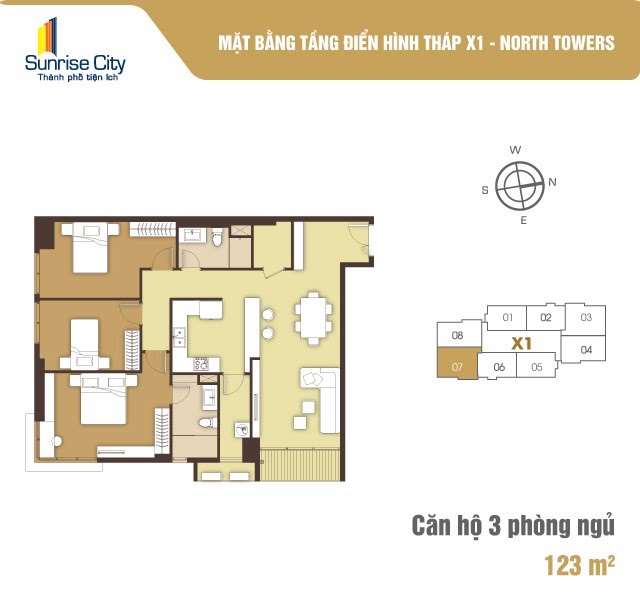 Mặt bằng Căn 3PN loại 3 (North Tower X1)