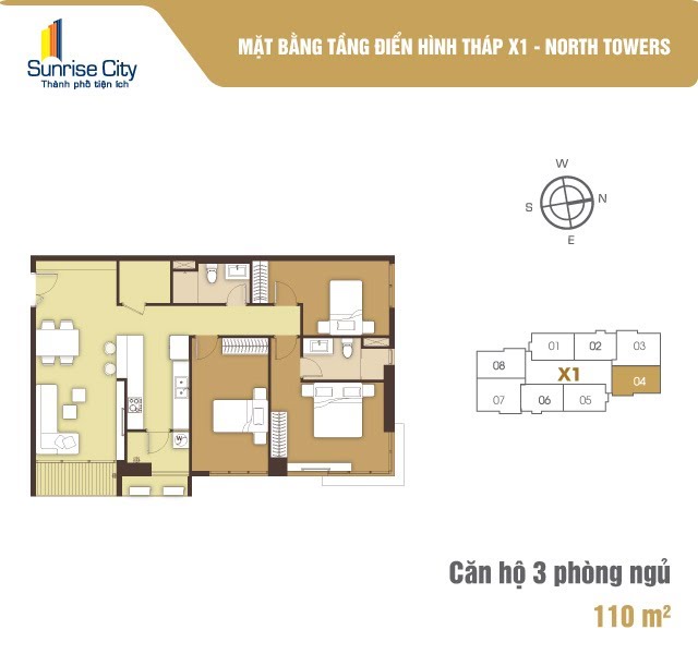 Mặt bằng Căn 3PN loại 2 (North Tower X1)