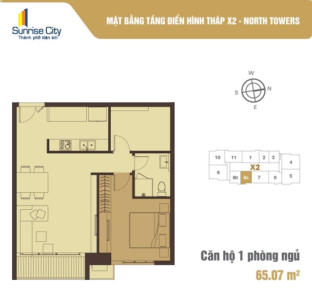 Mặt bằng Căn 1PN loại 3 (North Tower X2)