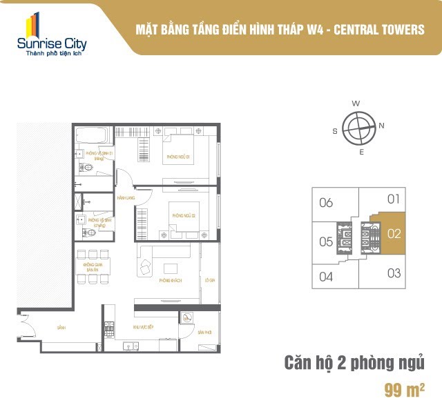 Mặt bằng Căn 2PN loại 1 (Central Tower W4)